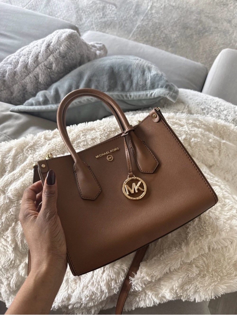 Michael Kors Chestnut Saffiano Leather Satchel with Gold MK Charm